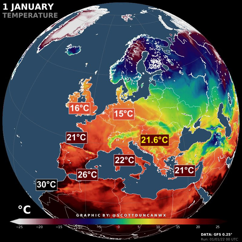 Θερμοκρασία περιοχών στη Γη την πρωτοχρονιά του 2022