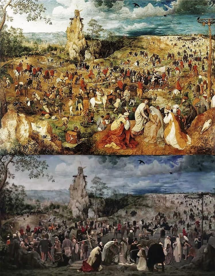 The Procession to Cavalry (1564), Pieter Bruegel - The Mill and the Cross (2011), Lech Majewski