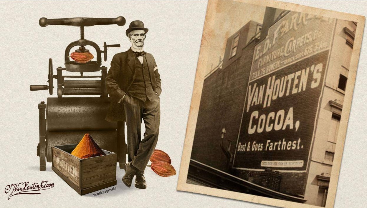 Ο Van Houten και η μηχανή παραγωγής κακάο σε σκόνη σε αφίσα εποχής
