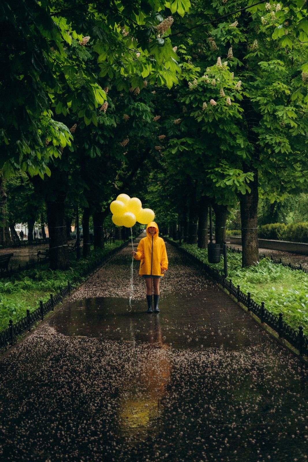 Κάποιος με κίτρινο αδιάβροχο να κρατάει κίτρινα μπαλόνια μέσα στη βροχή